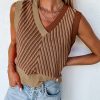 Light French Beige Contrast Chevron Knit V Neck Sweater Vest