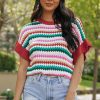 Fiery Red Trimmed Ruffle Sleeve Colorful Textured Sweater